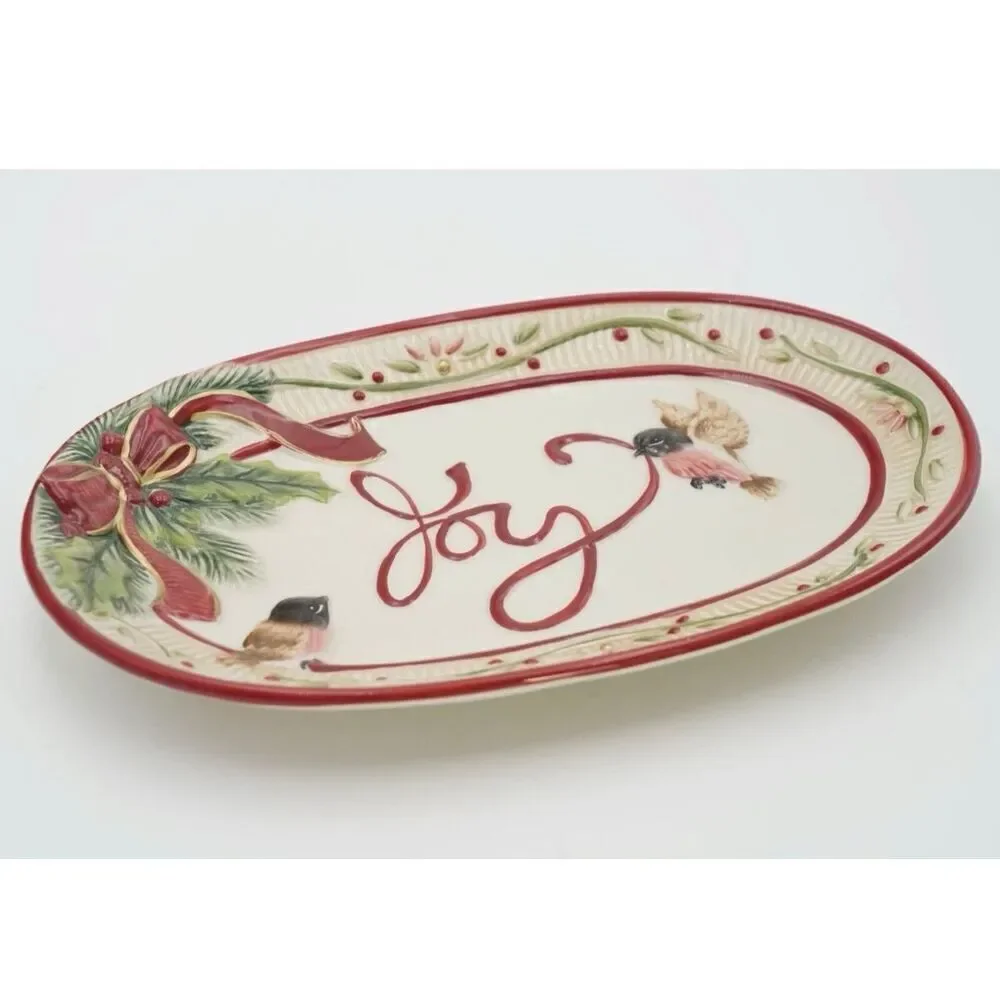 Fitz And Floyd Santa's Forest Friends Joy Christmas Platter Birds Nature Winter